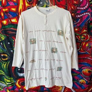 Vintage 90s Cat Graphic Henley Shirt 3/4 Sleeve Sleep Top 1996 One Size Cotton